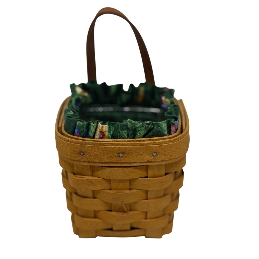 VTG Longaberger Basket Brown Woven Wood Floral Fabric Liner Leather Handle 1996